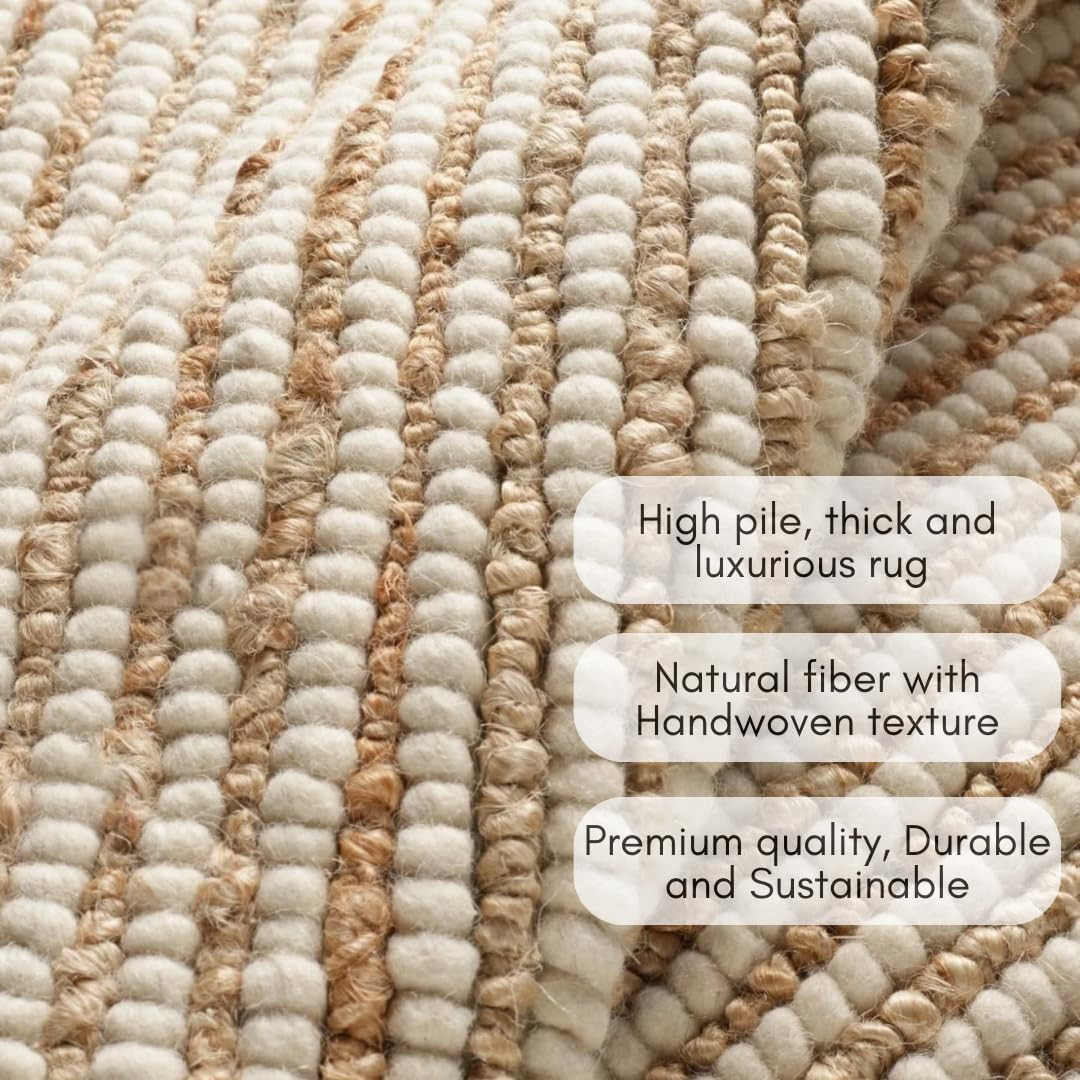 Handwoven Wool & Jute Runner Rug 2×3 ft – Natural Ivory Stripe Design