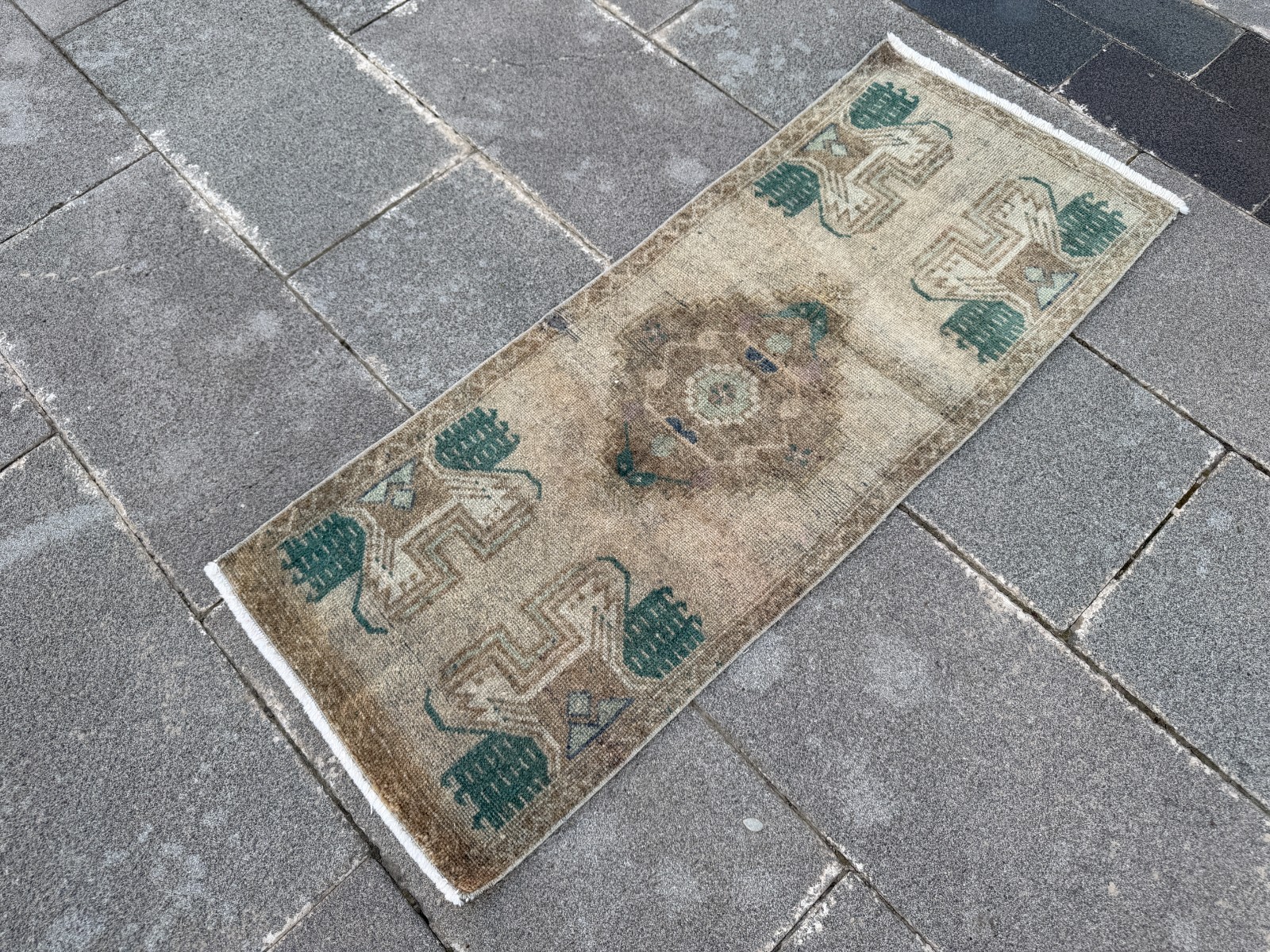 Small Vintage Turkish Oushak Rug 1.5×3.6 ft Beige Jade Green Door Mat Rug