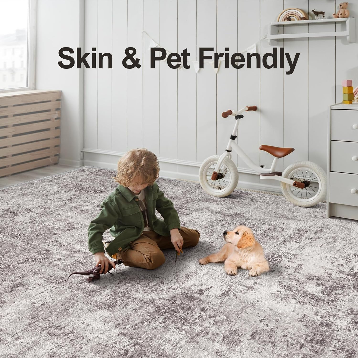 Modern 10X14 Washable Non-Slip Area Rug – Soft Distressed Gray Cream