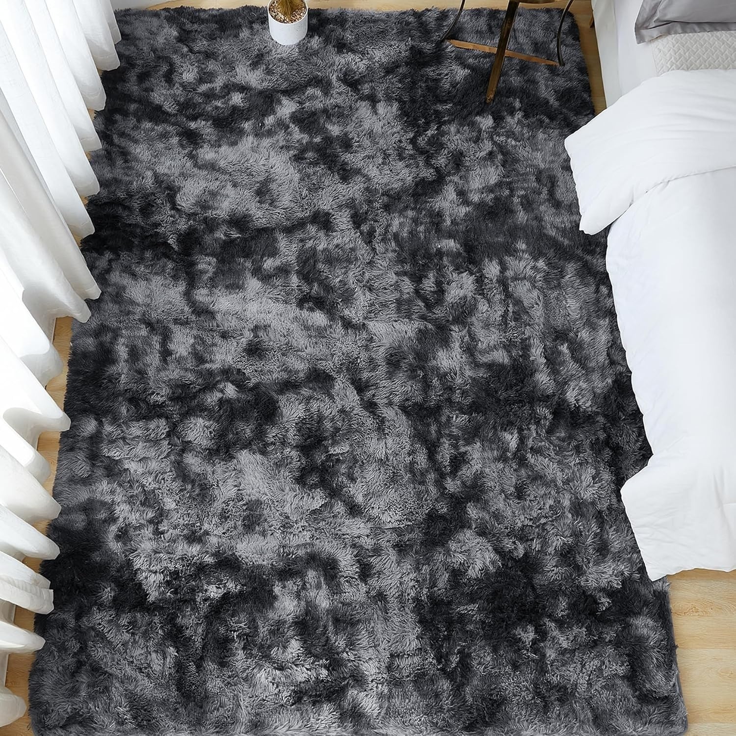 Alfombra de pelo largo de 4×6 para sala de estar, gris oscuro teñido anudado NEW