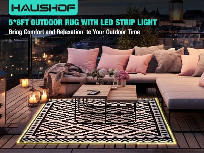 HAUSHOF 8FT Outdoor Rug Waterproof LED Strip Light Reversible Plastic Straw Rugs