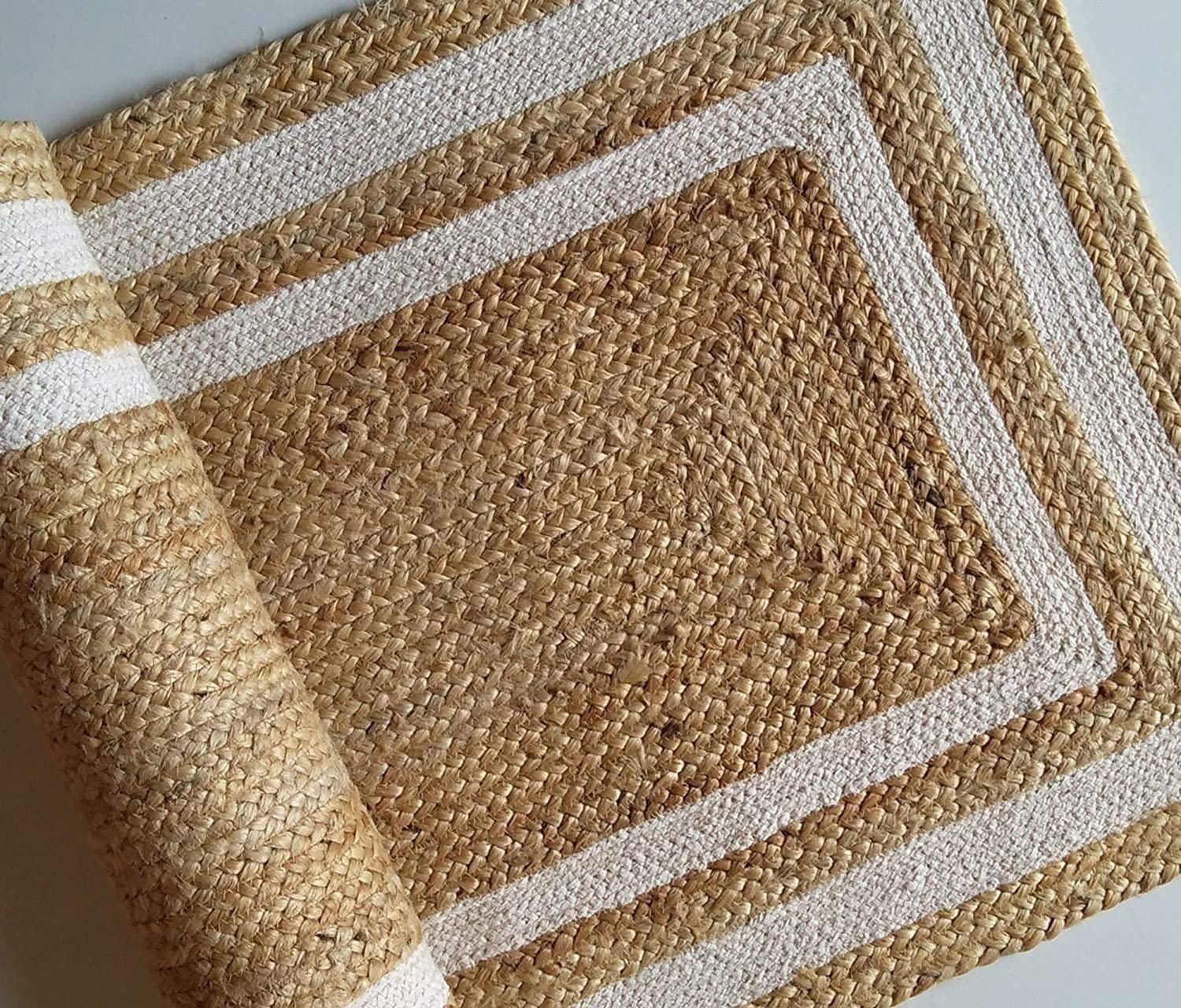 Natural Jute Area Rug with White Border Handwoven Carpet for Livingroom Boho Mat