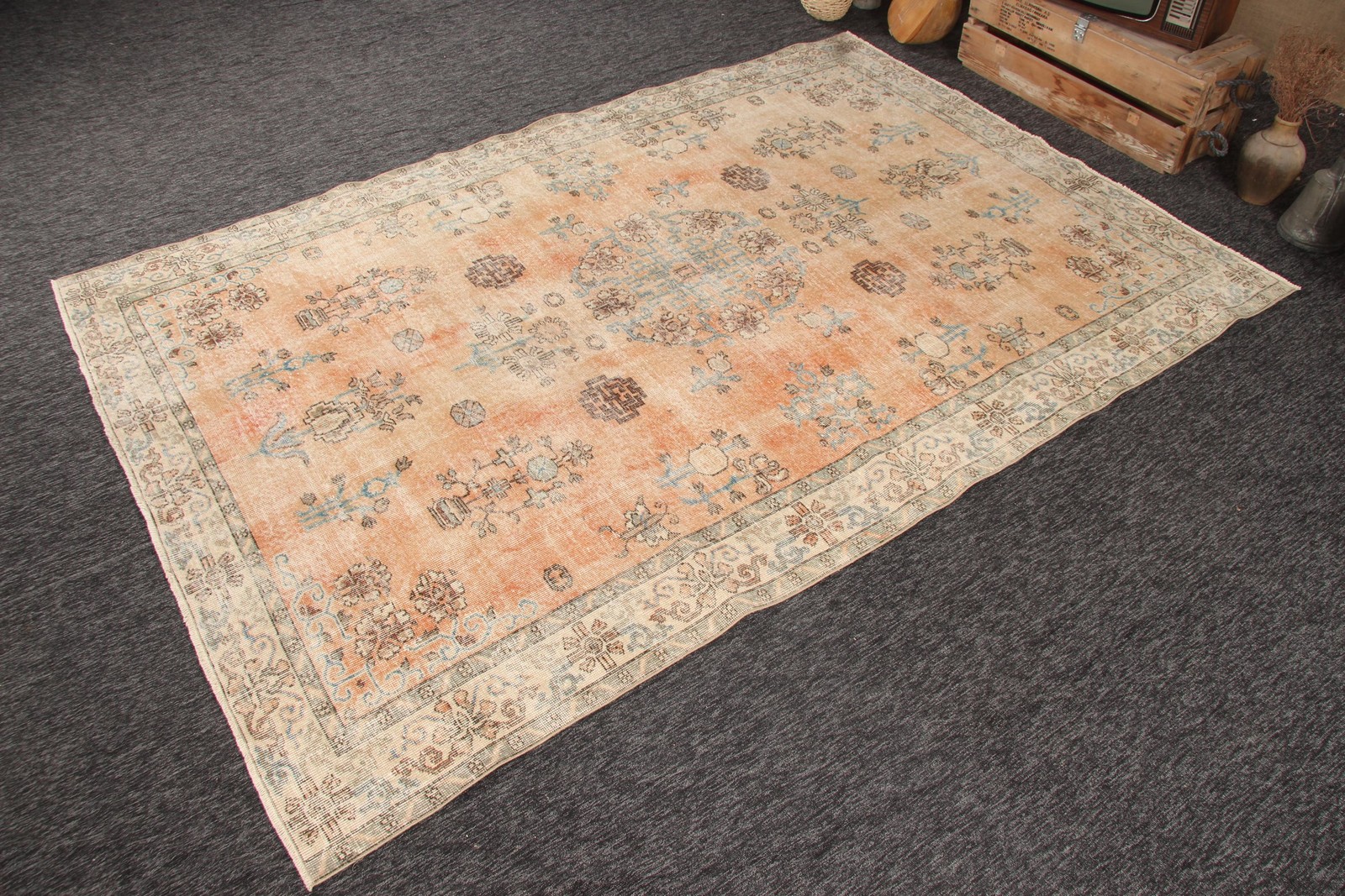 6,8×10 ft Vintage Rug, Orange Solid Turkish Wool Rug