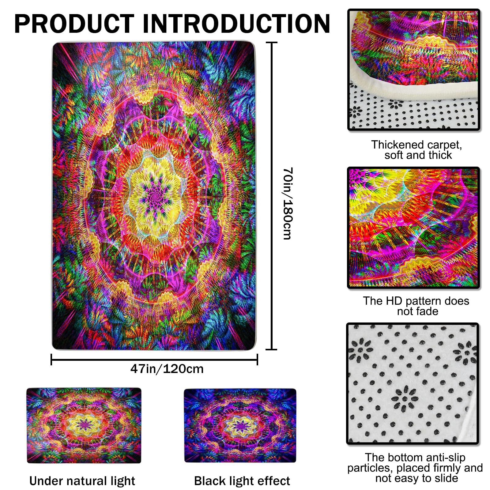 Trippy Mandala Area Rug Black Light,Large UV Reactive Glow in The Dark Boho N…