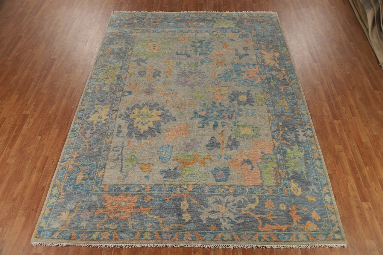 9×12 All-Over Floral Wool Hand-Knotted Oushak Rug Gray Blue