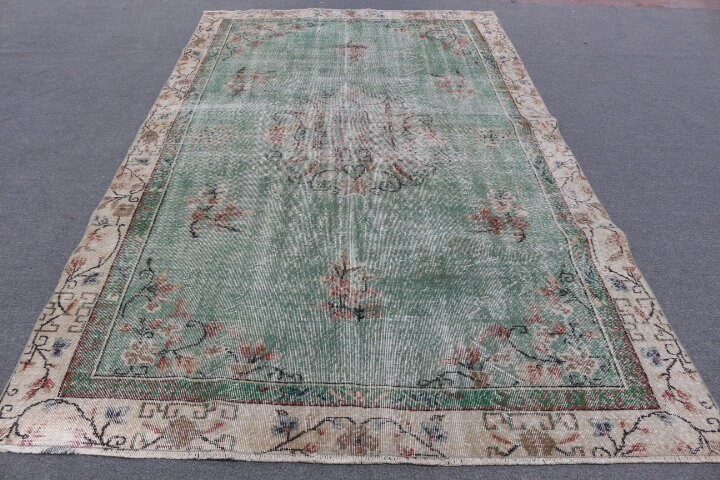 6,3×10,2 ft Vintage Rug, Large Turkish Rug, Green Bordered Rug