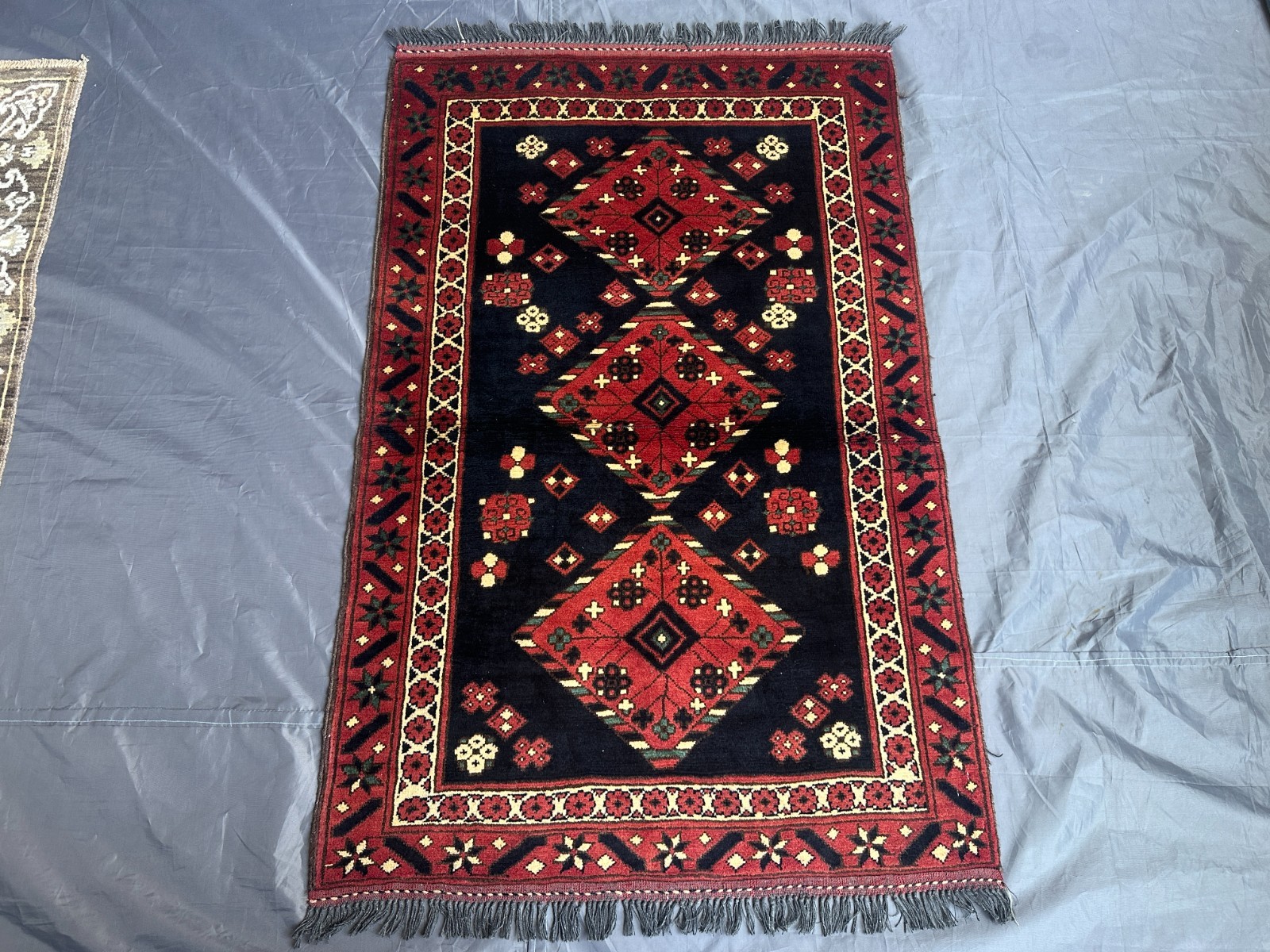 Red Turkish 3x4ft Vintage Hand Knotted Wool Rug Geometric Caucasian Area Carpet