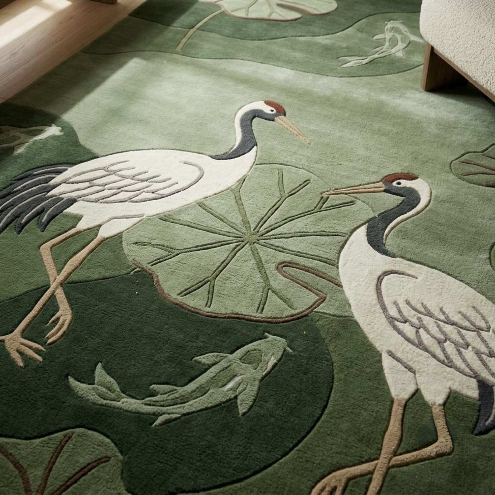 Hand Tufted Wool Area Rug Green Crane Bird Lotus Leaf Rug Nature Living Room Rug