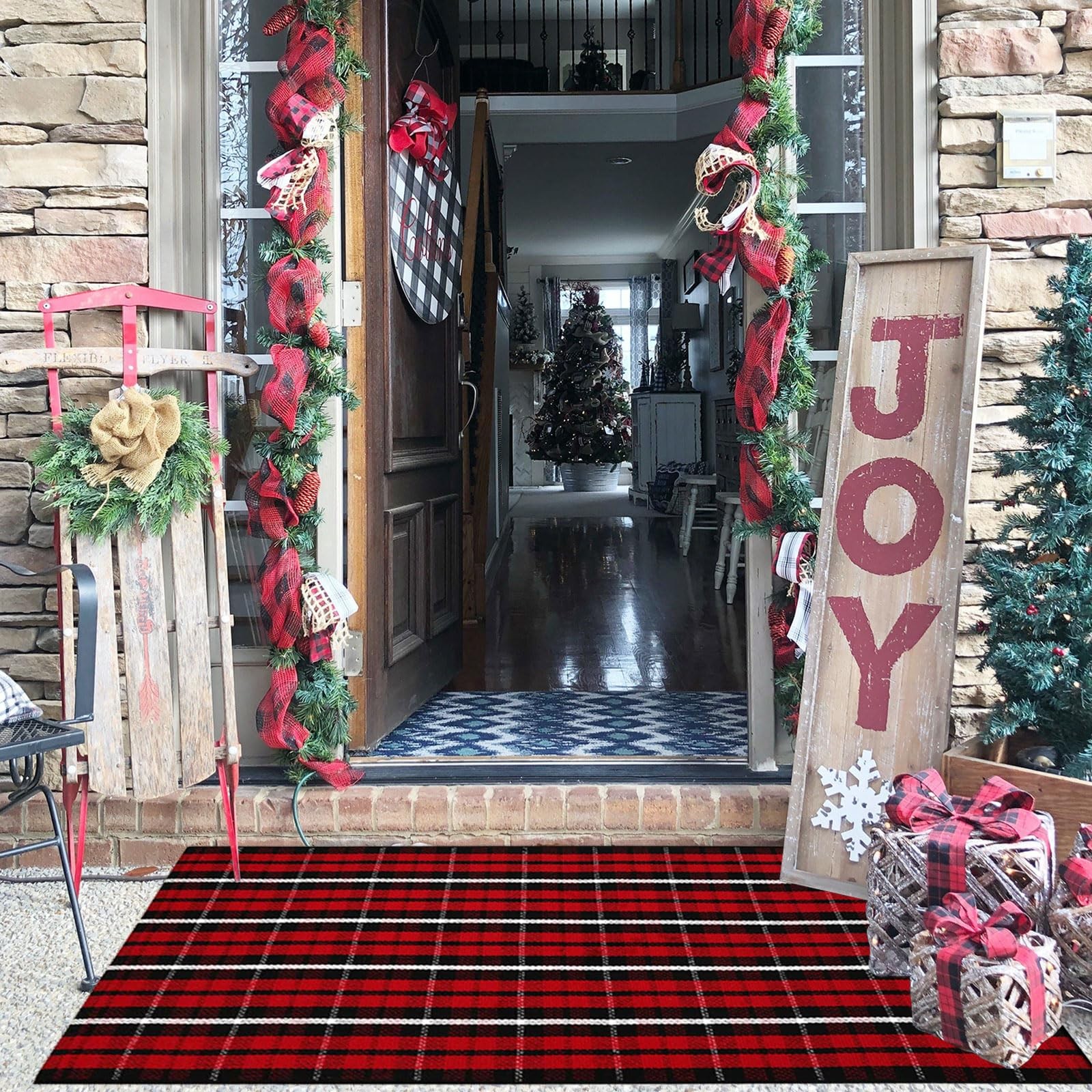 Christmas Plaid Outdoor Rug, 2′ x 4’3” Red & Black Check Indoor/Outdoor Area…