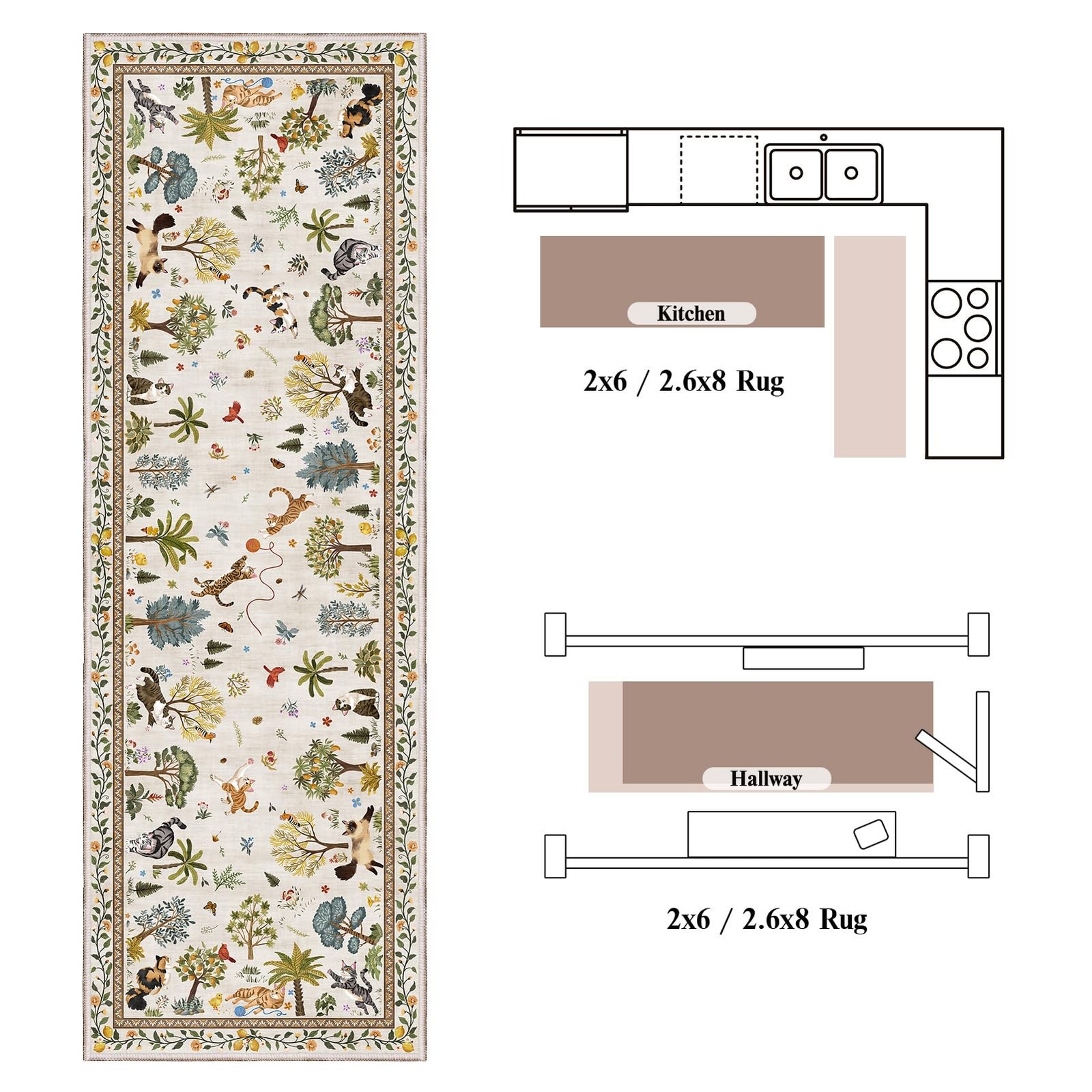 Cat Runner Rug for Kitchen 2’x6′ Washable Rug Runner for Hallway Non-Slip Sof…