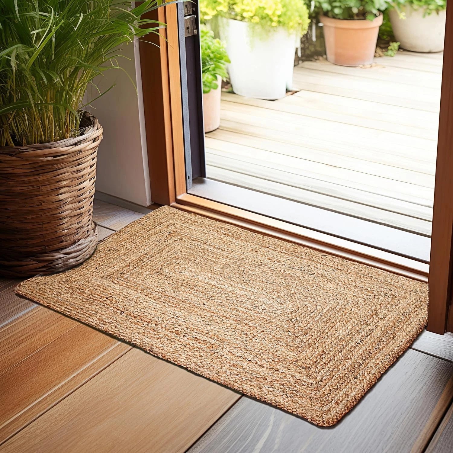 Handmade Reversible Jute Rug 2’x3′ – Aqua Blue Plaid for Coastal & Farmhouse