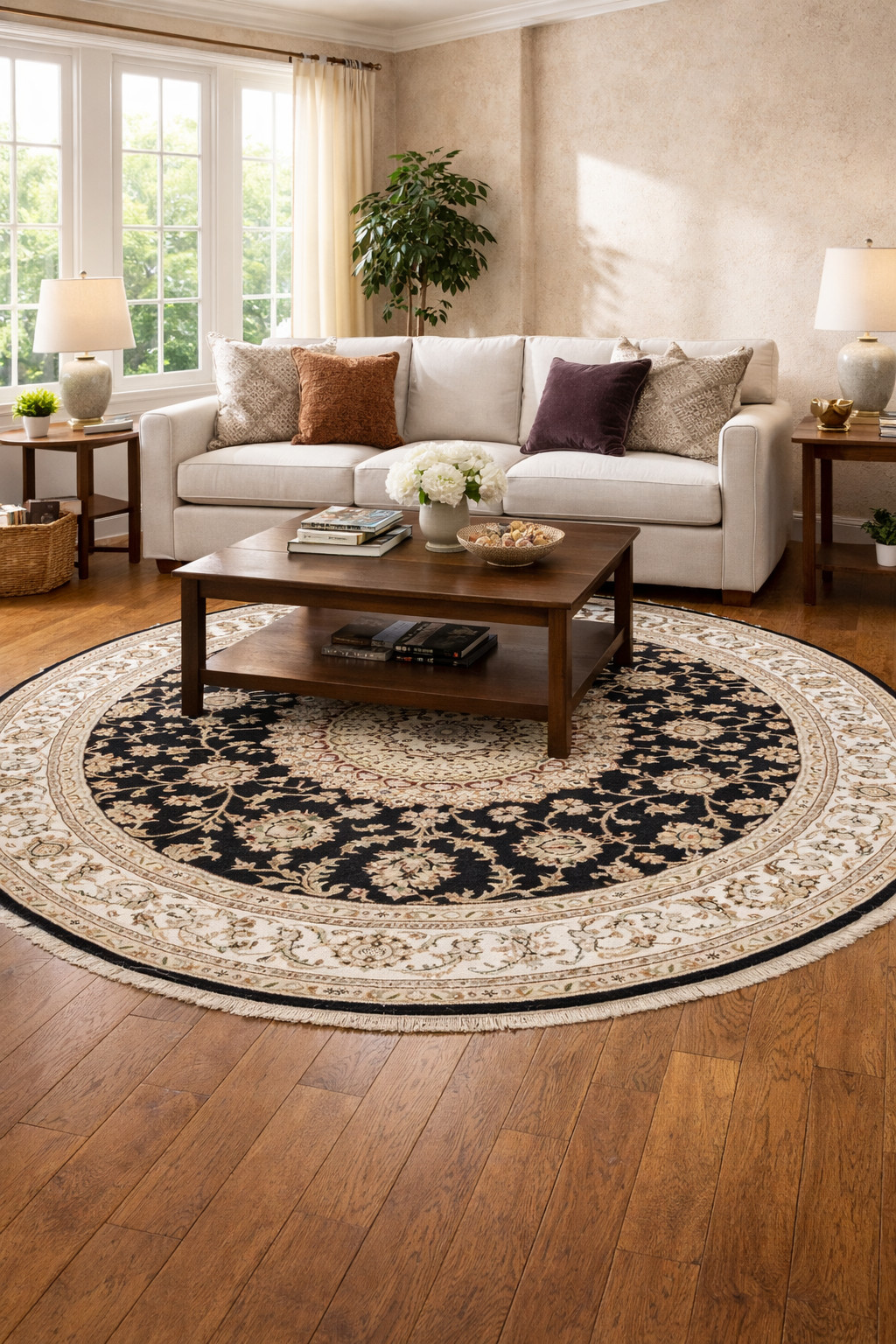 Handmade Indo-Nain Dark Navy Floral Medallion Oriental Round Rug Carpet 6X6 ft