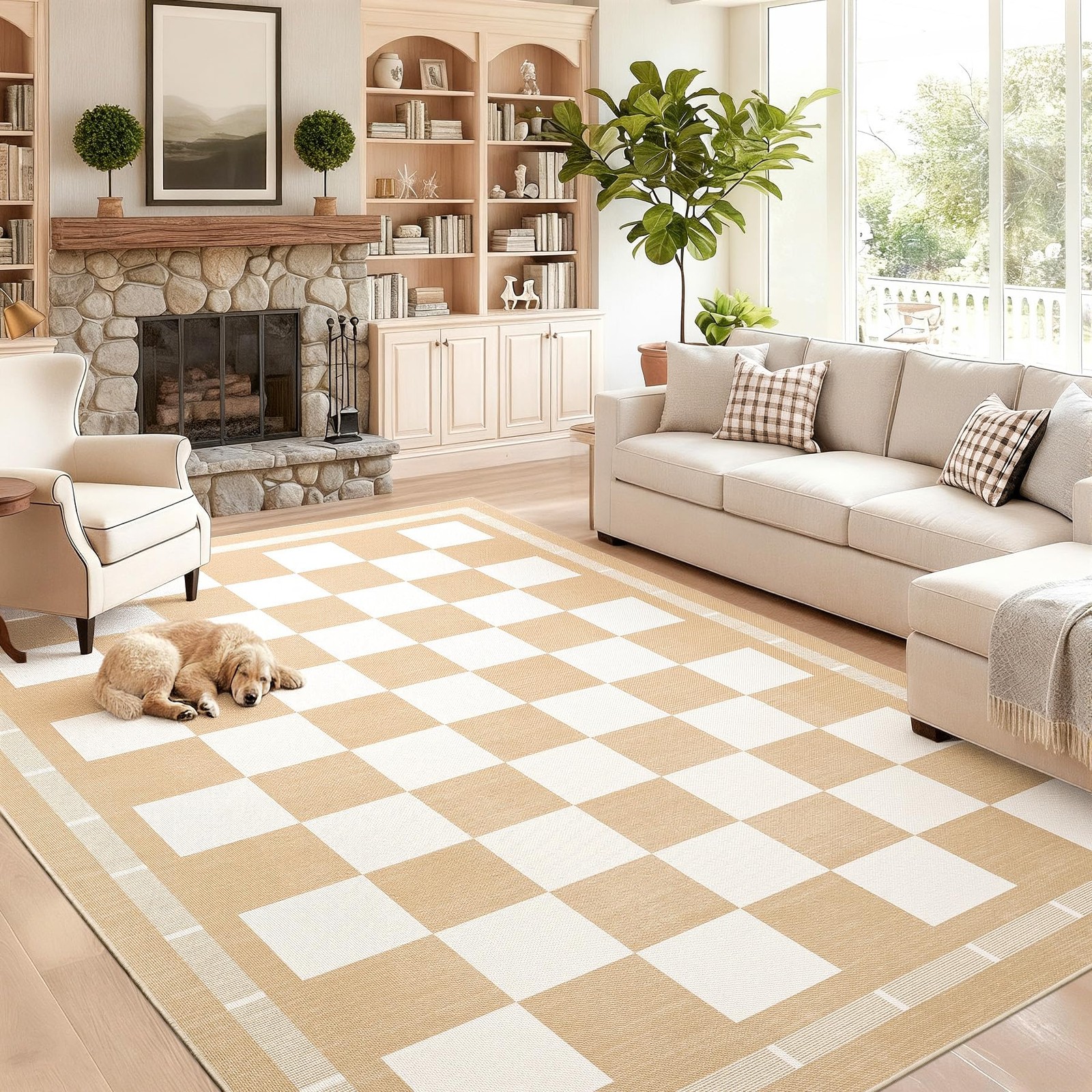 Checkered Jute Outdoor Rug, Large 6×9 Rug for Living Room Checkerboard Indoor…