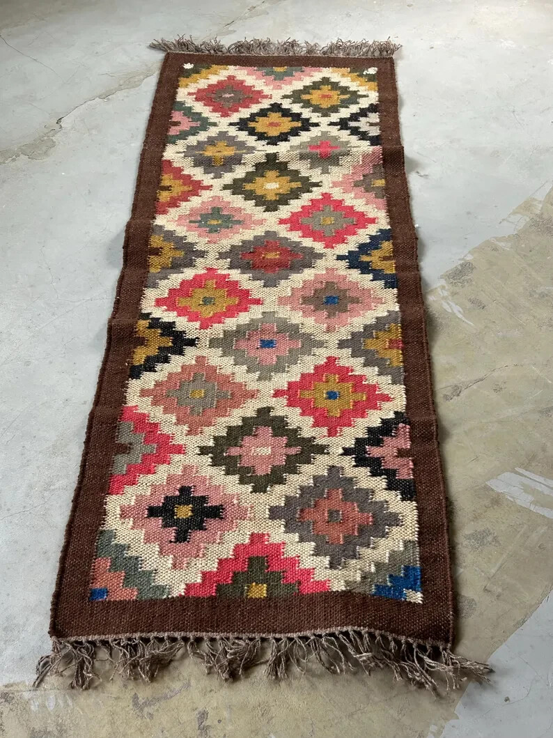 Wool Jute Vintage Kilim Rug moroccan navajo rug tribal southwestern kilim runner