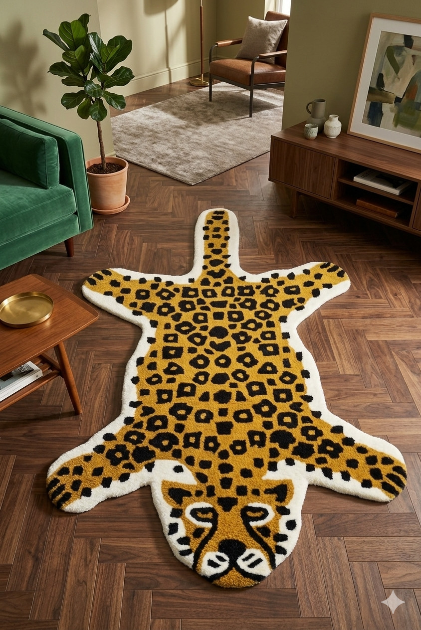 Handmade Leopard Print Wool Rug – Tufted Animal Shaped Accent Area Carpet Decor