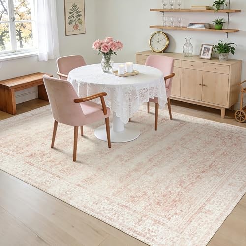 Pink Nursery Rug for Baby Girl 5 x 7 Neutral Blush Pink Boho Cute Floral