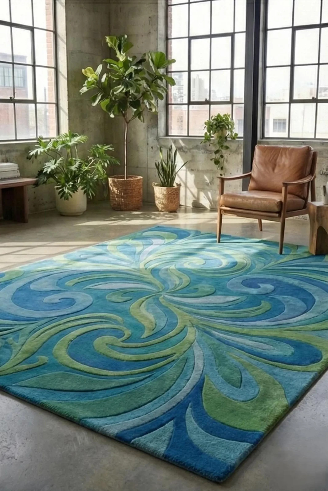 Hand Tufted Wool Rug | Abstract Blue and Green Swirl Rug Coastal Ocean Area Rug