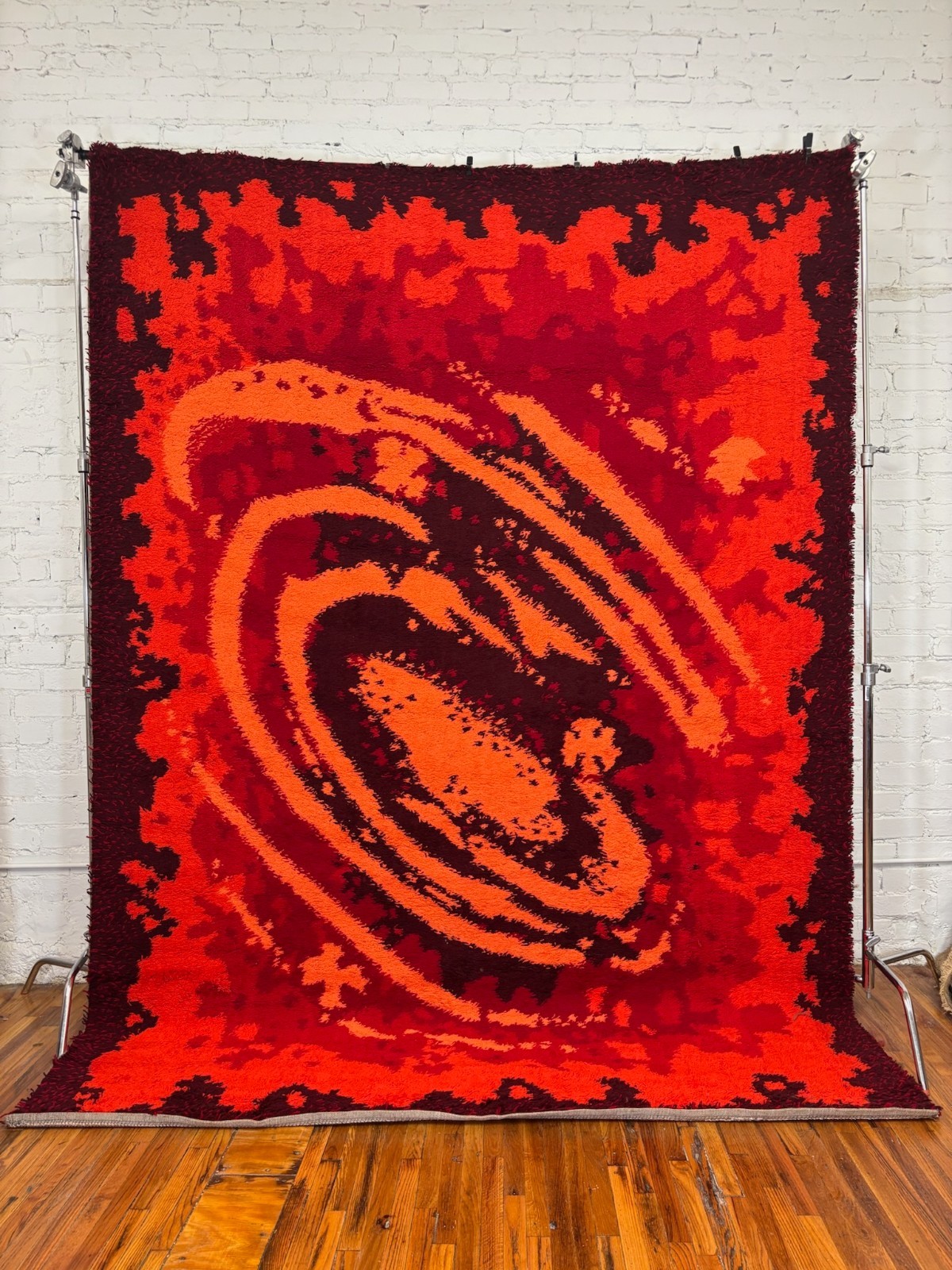70s Red Black Geometric Scandinavian UNUSED Rya Rug Galaxy Mid Century Wool