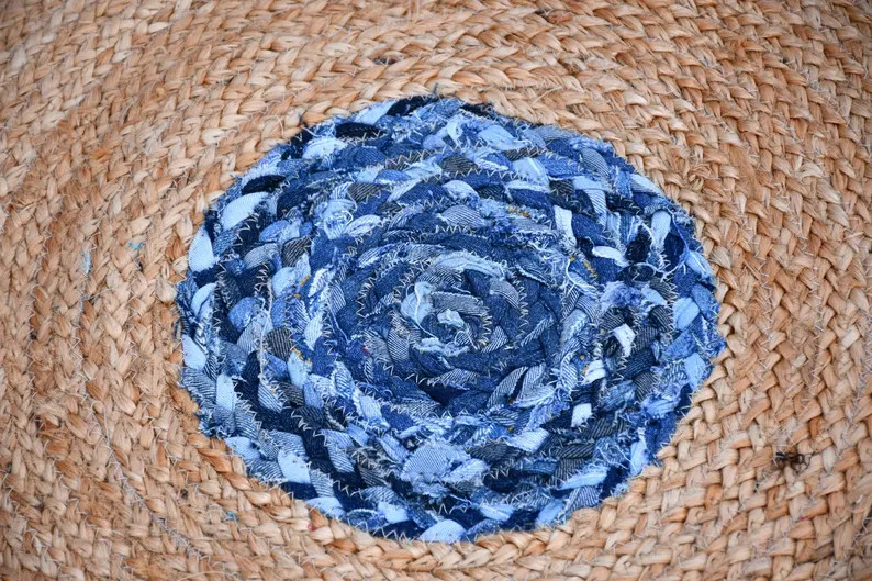 Jute Denim Carpet Hand Braided Fringe Farmhouse Rustic Round Rug Home Decor