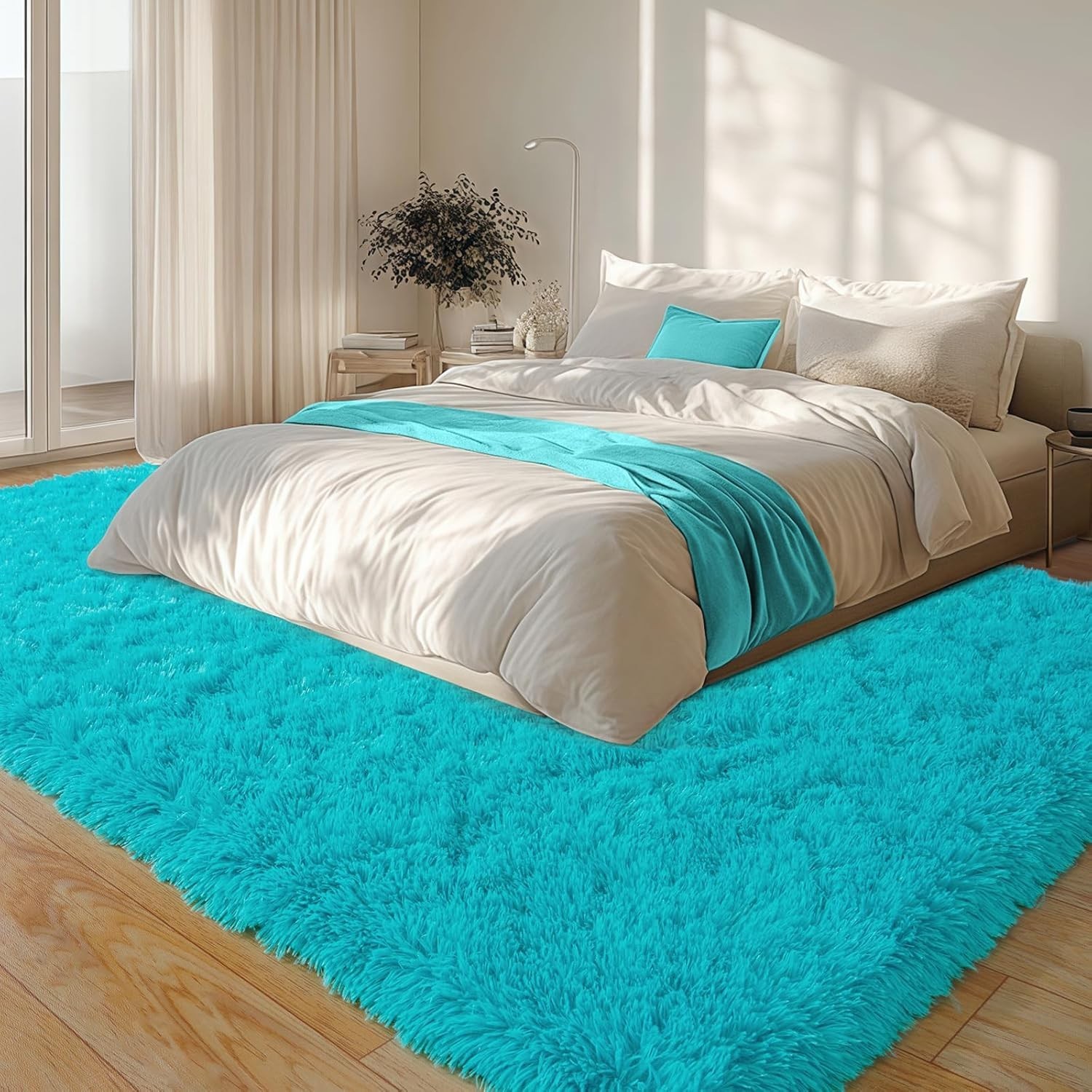 Fluffy Area Rugs Teal Blue Soft Plush Shag Carpet for Living Room Bedroom Floor