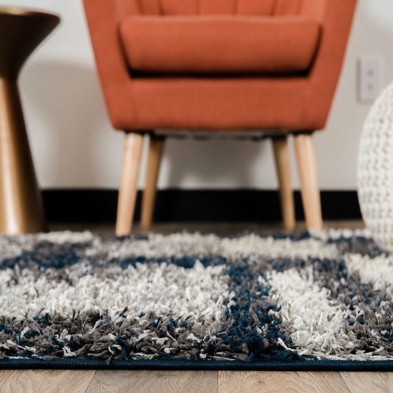 Rugshop Navy Distressed Modern Boxes Plush Shag Area Rug Non-Shedding Soft