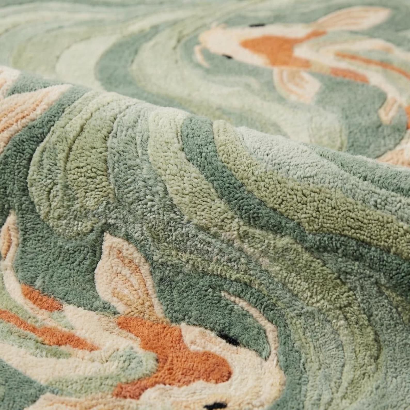 Modern 3D Carved Koi Fish Area Rug Irregular Organic Shape Sage Green Art Rug