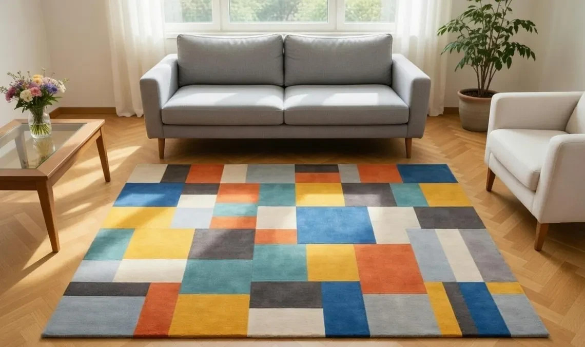 Hand Tufted New Zealand Wool Rug, Colorful Geometric Modern Abstract Area Rug.