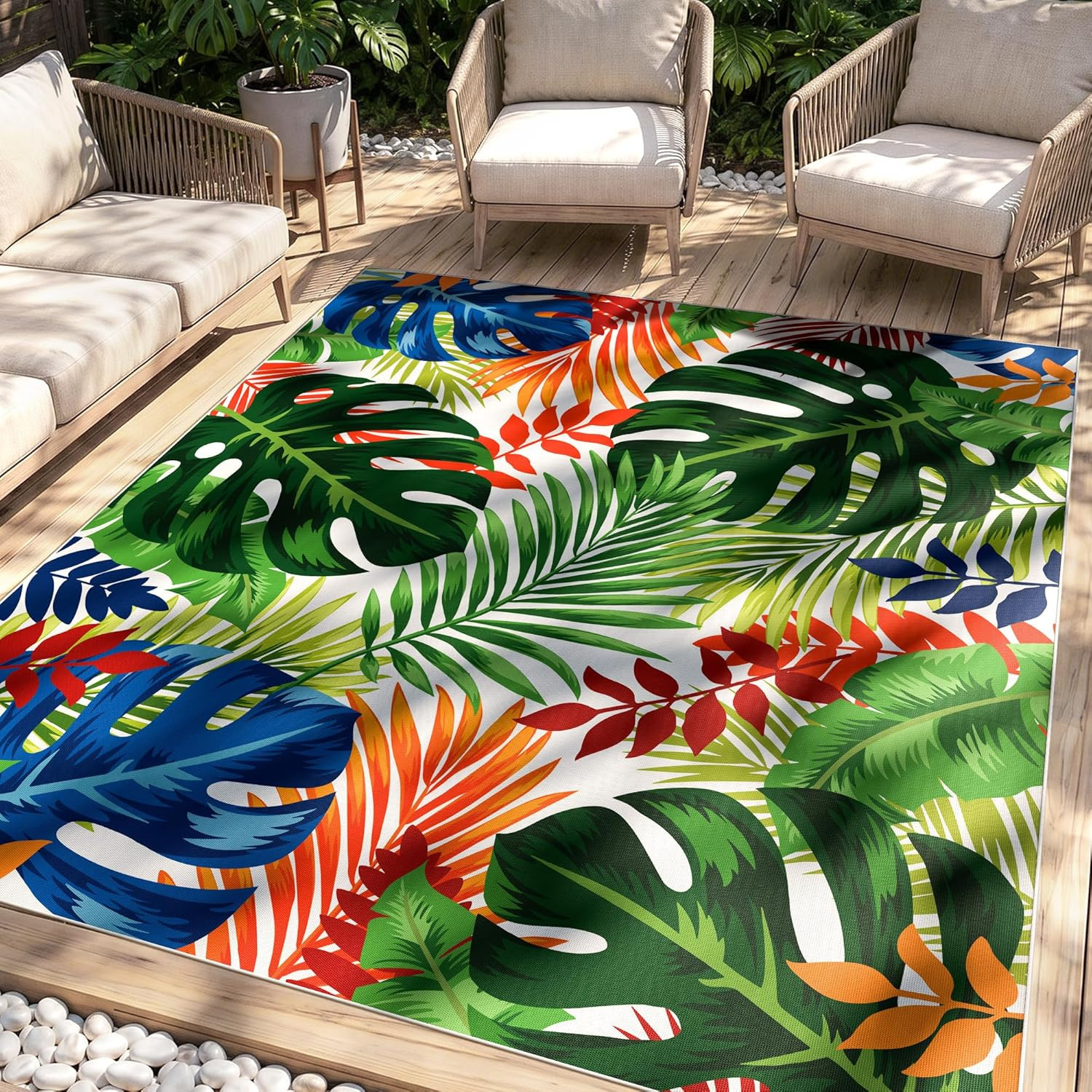 8X10 Monstera Tropical Outdoor Rug – Waterproof Non-Slip Machine Washable Patio