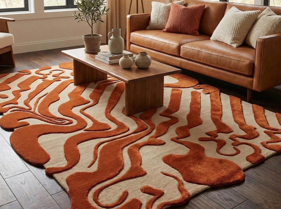 Hand Tufted Wool Rug Rust Orange Wavy Swirl Boho Home Decor Handmade 6×9|8×10|