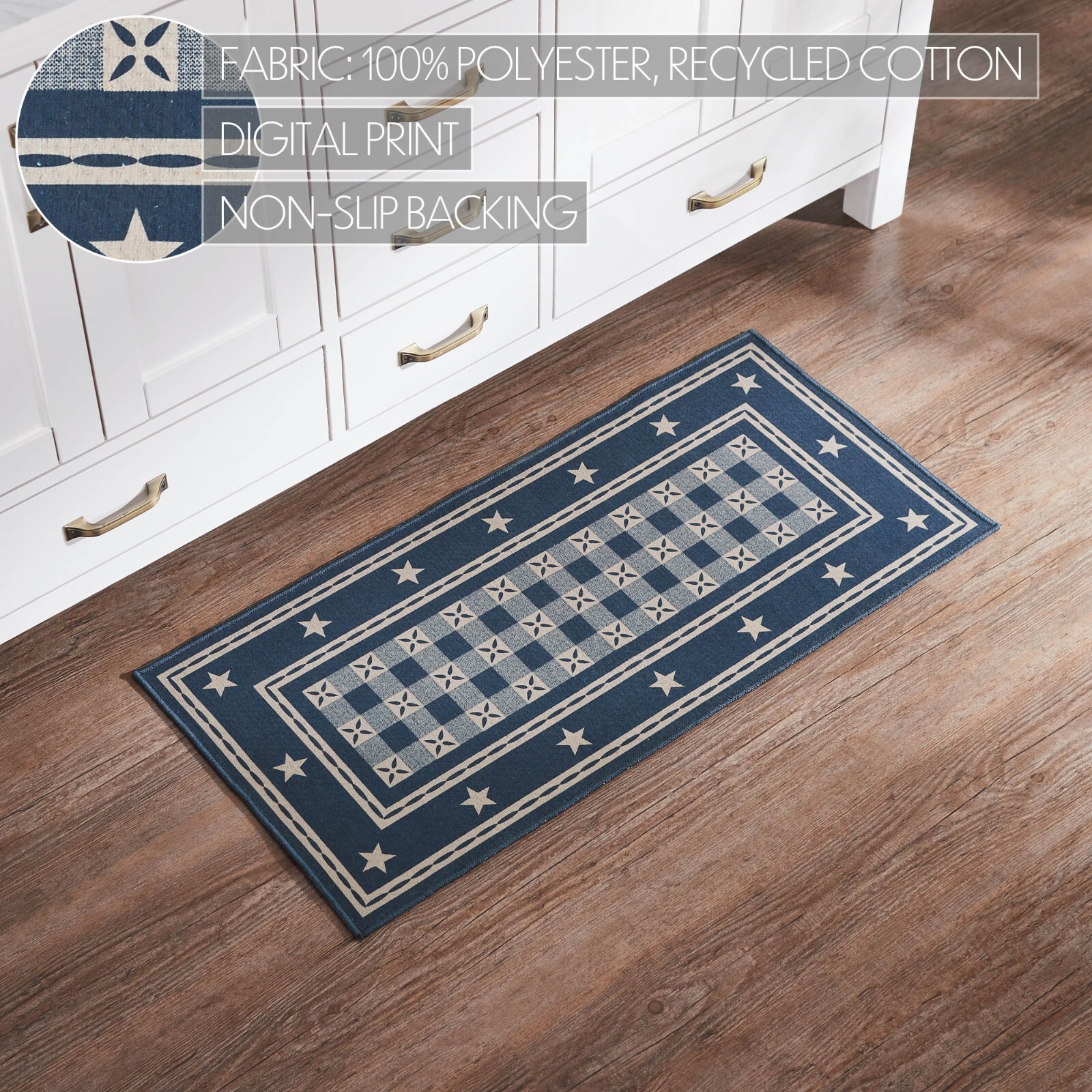 My Country Polyester Rectangular RUG 17×48 Country Navy Star Farmhouse Americana