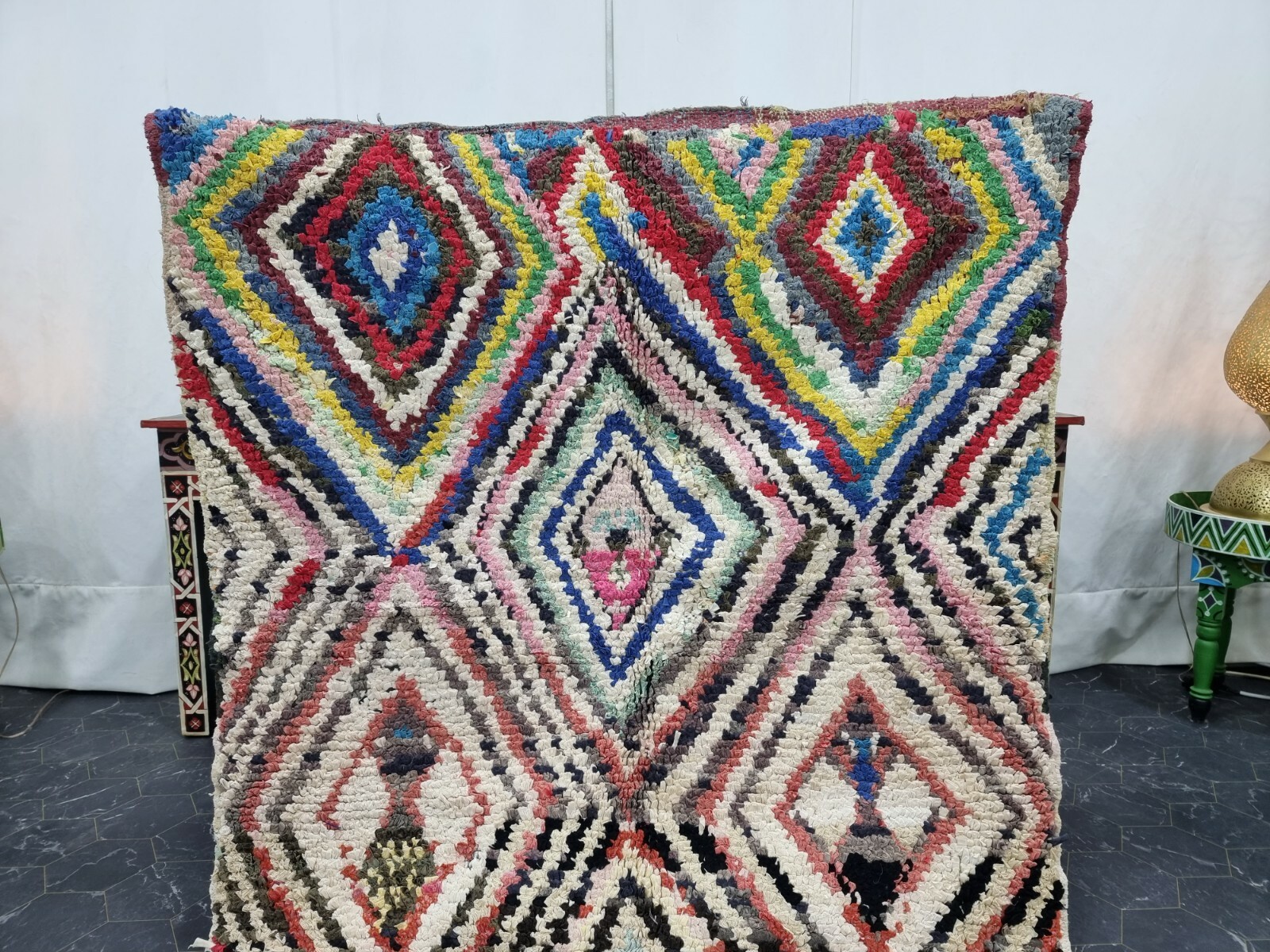 Moroccan Handmade Vintage Boucherouite Rug 3’5”x4’1” Geometric Pink Cotton Rug