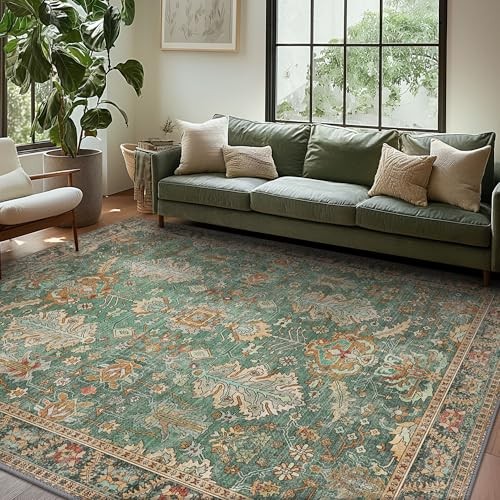 Washable Area Rugs 8×10 Green Boho Rug Tumble Vintage Large Carpet for Living
