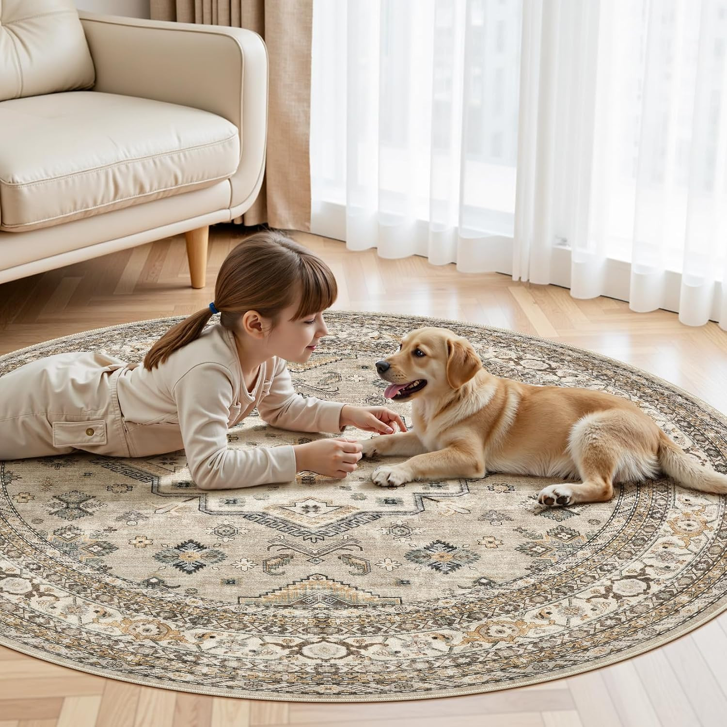 6Ft round Vintage Living Room Area Rug – 6X6 Large Soft Washable Oriental Tradit