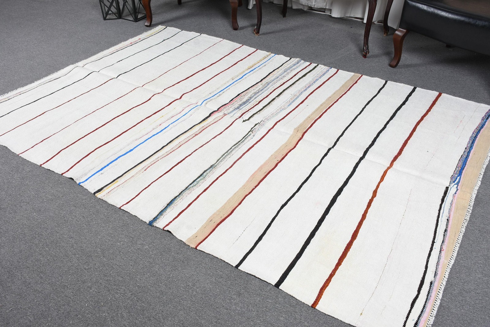 Turkish 5,4×8,1 ft Rug, Kilim Vintage Rug, White Floral Wool Rug