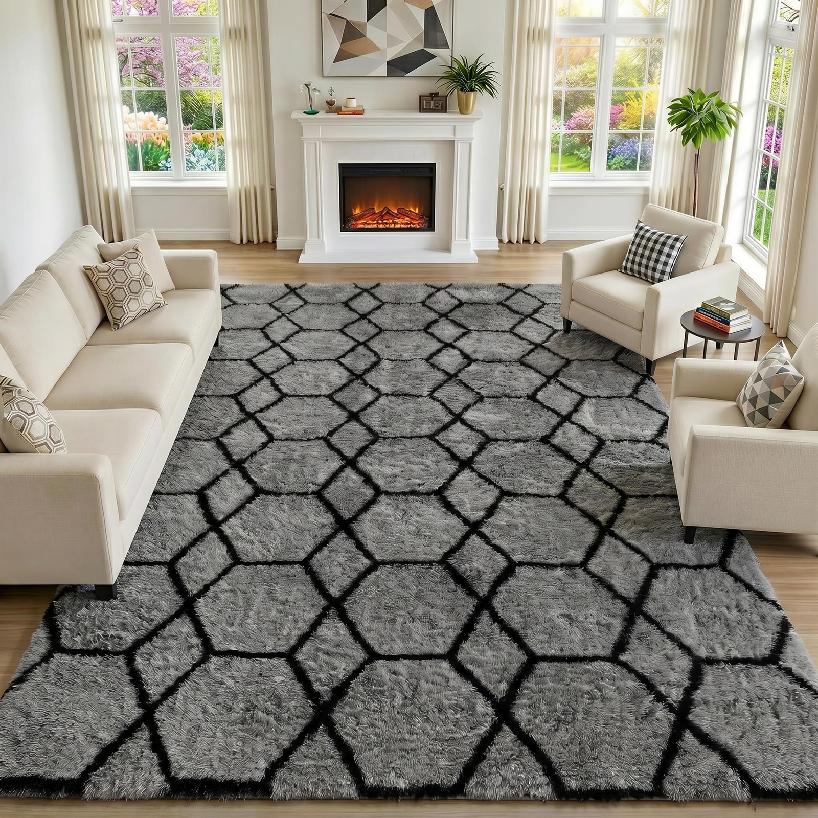 ONASAR 8×10 Grey and Black Rug, Large Boho Geometric Area Rugs for Living Room,