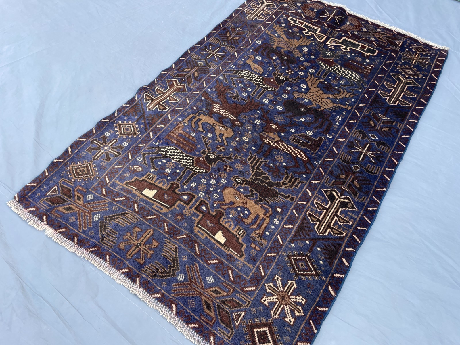 3×4 Handmade Baluchi Pictorial Rug Tribal Animal Wool Carpet Blue Vintage Home