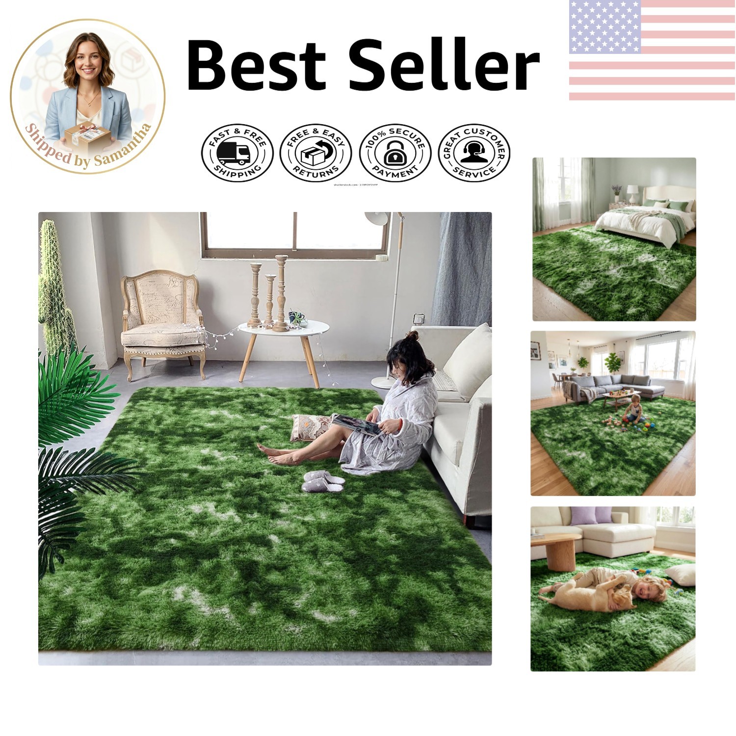 Fluffy High-Pile 4×6 ft Dark Green Rug – Modern Tie-Dye Design, Machine Washable