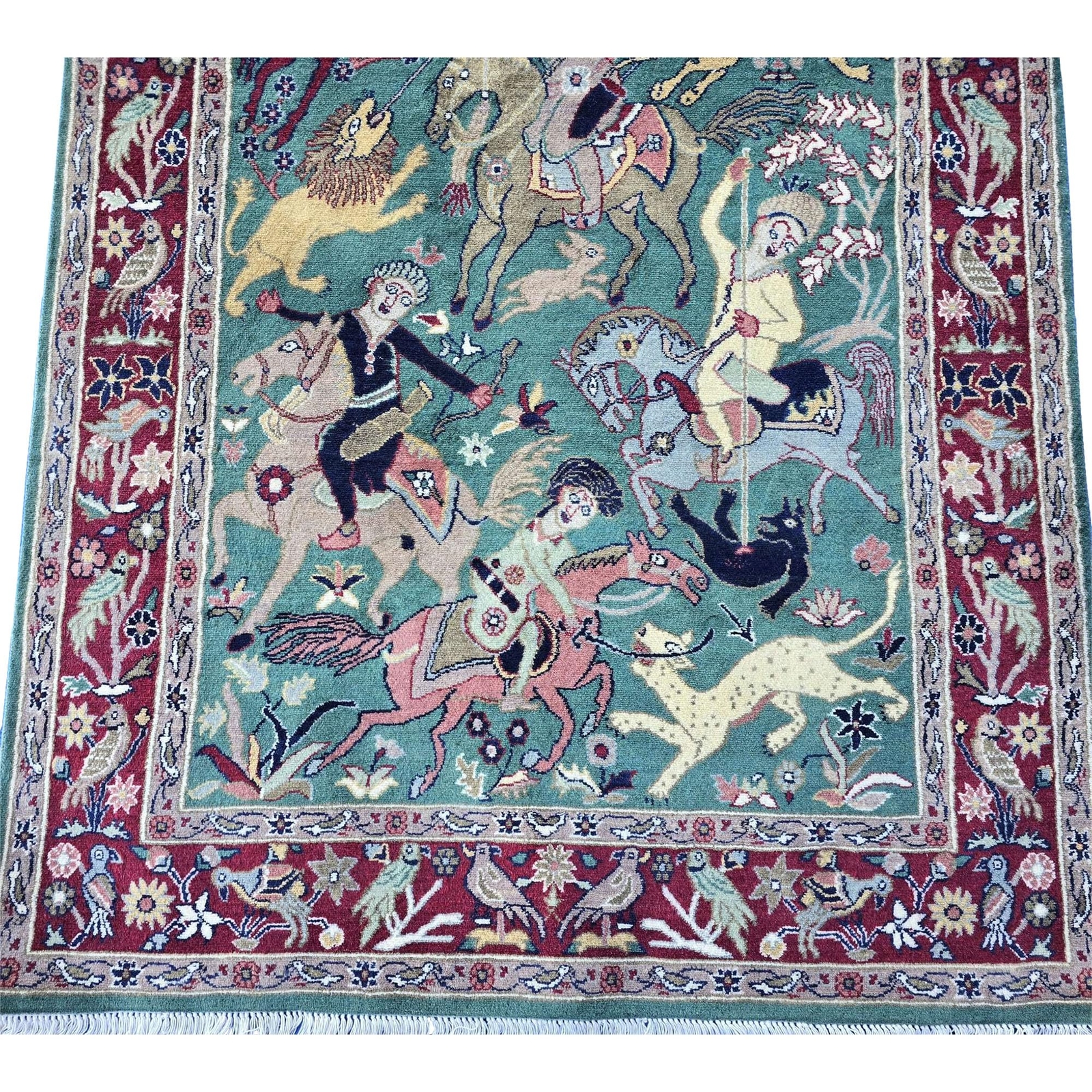 Area Rug Shikar Gah Deer Hunting Hand Double Knotted Wool Silk Carpet (6.3 x 4)’