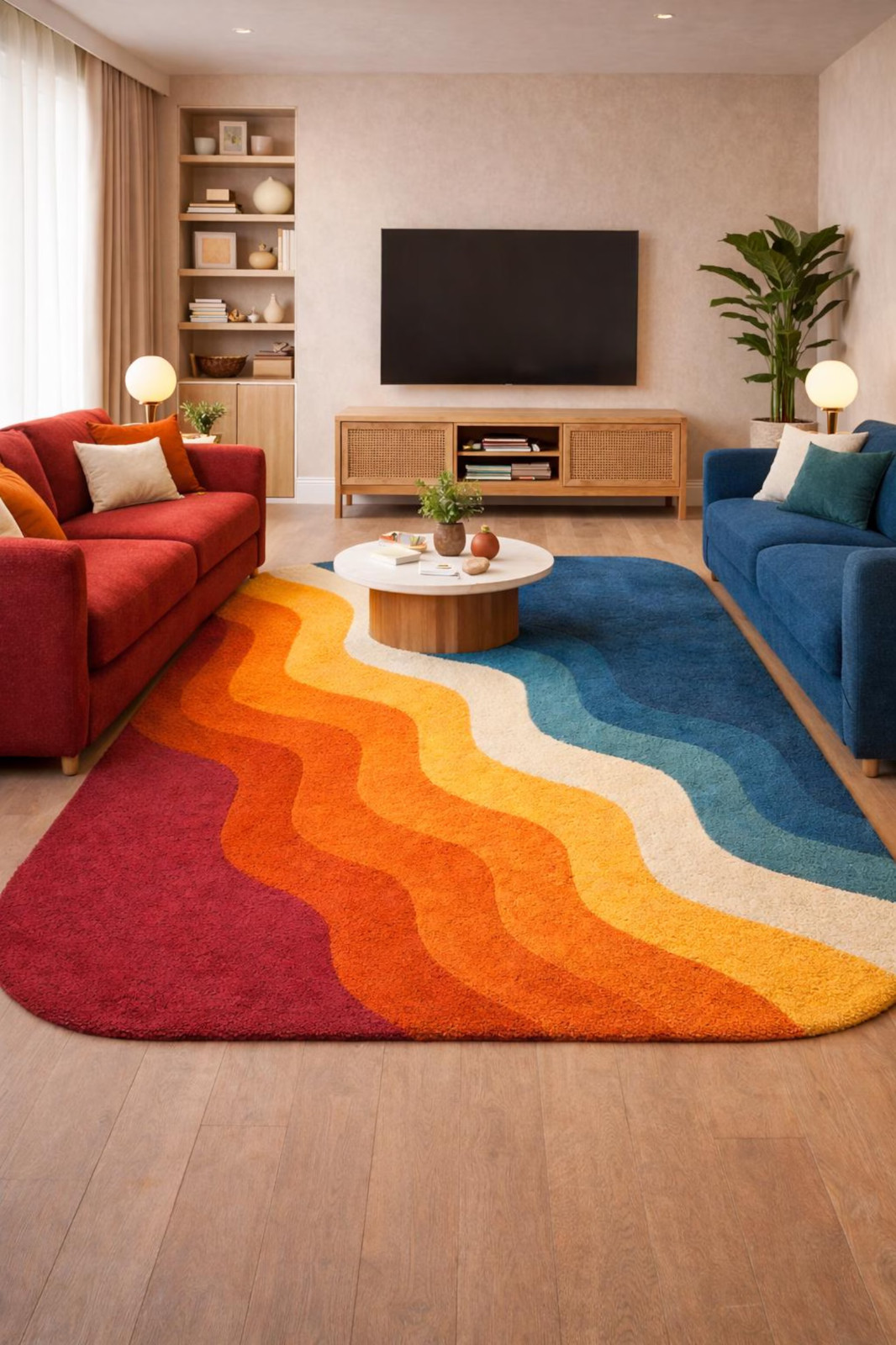 Hand Tufted Rug 100% New Zealand Wool Abstract Wavy Retro Rug Multicolor Carpet