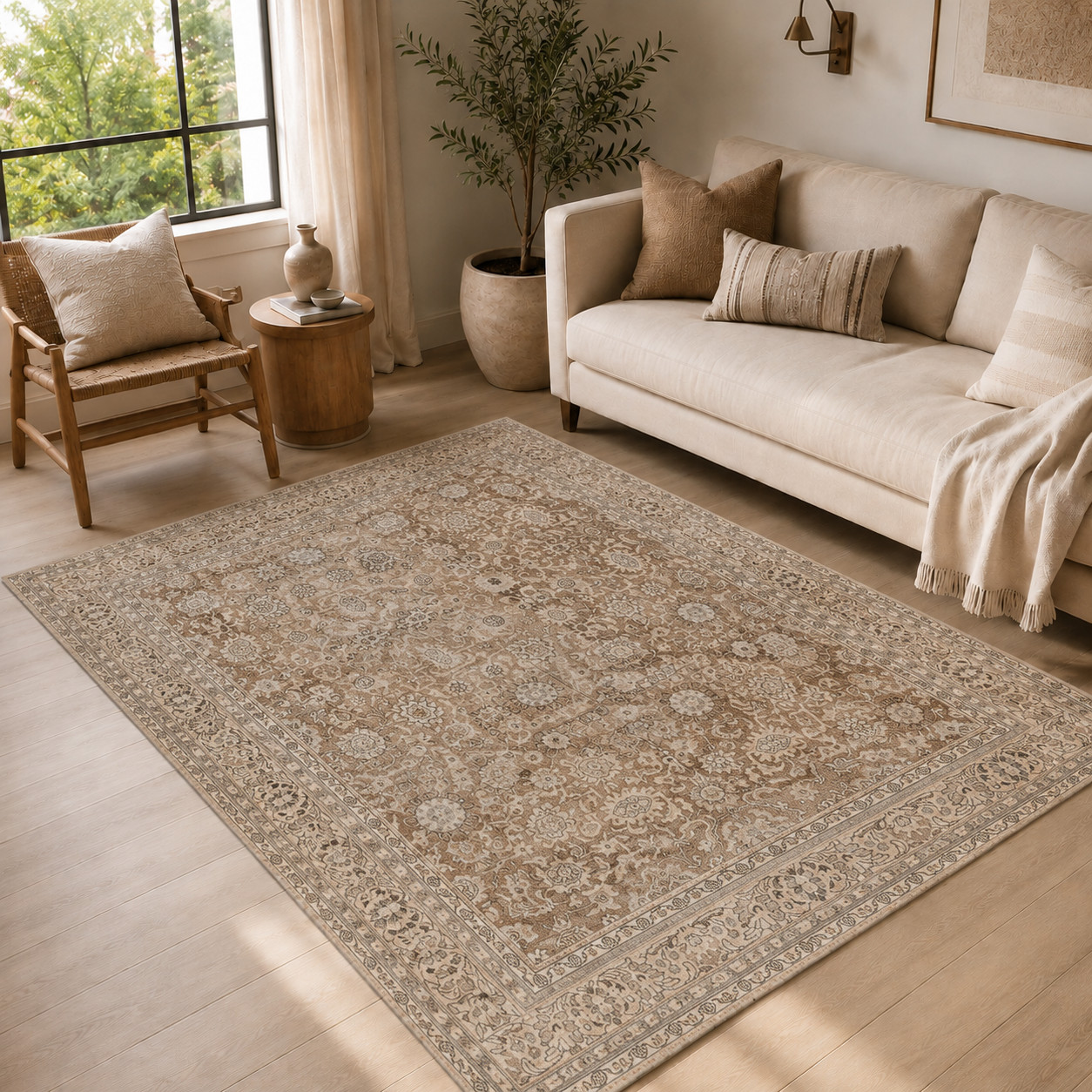 Brown and Tan Traditional Oushak Carpet Washable Runner Rug and Area Rug Options