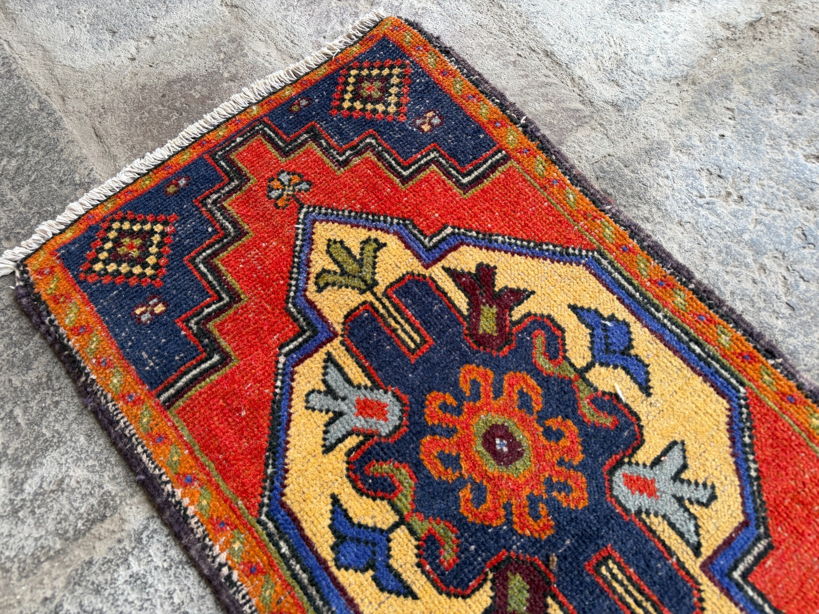 Vintage Turkish Oushak Rug 1.9×3.7 ft Red Navy Boho Hand Knotted Wool Rug