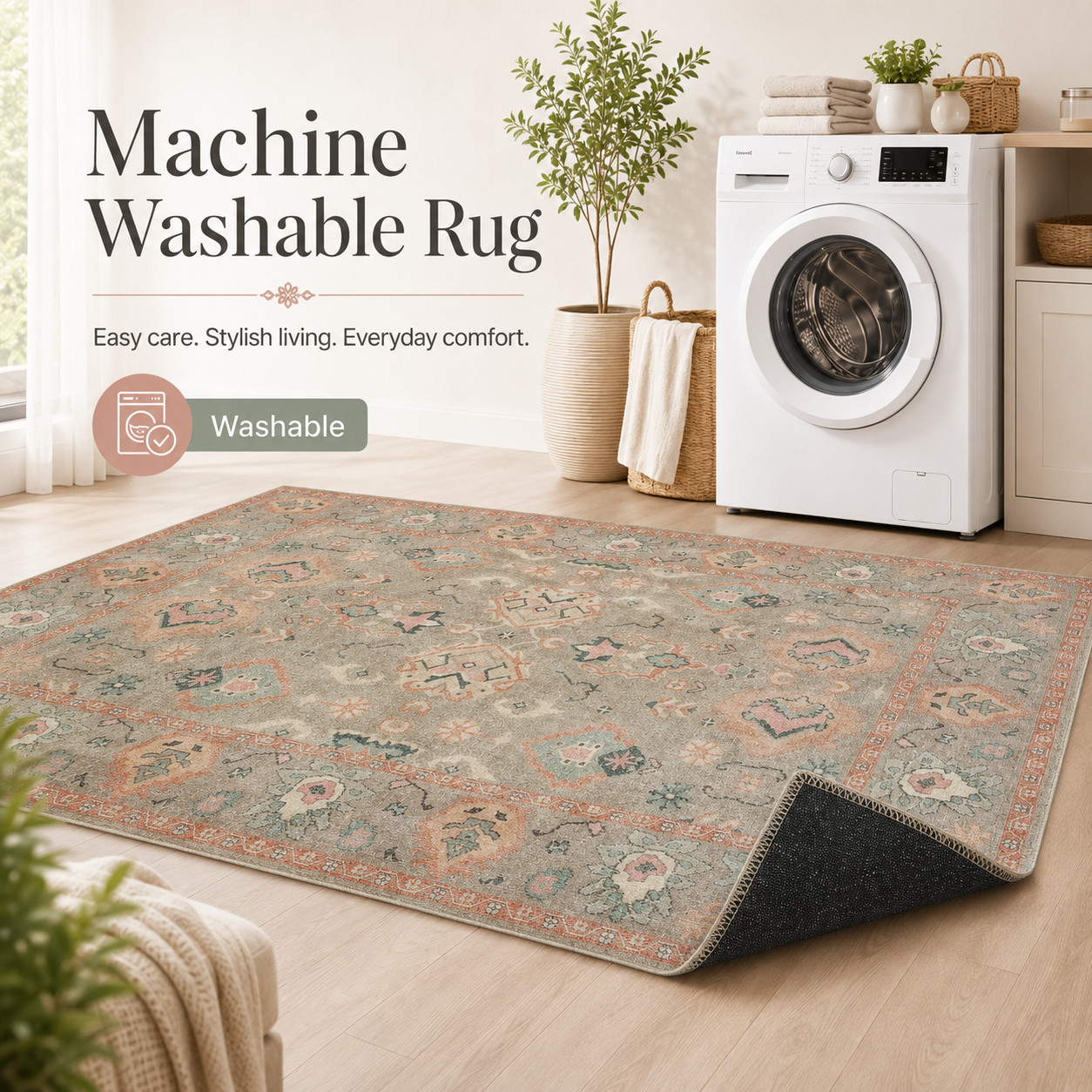 Brown and Tan Traditional Oushak Carpet Washable Runner Rug and Area Rug Options