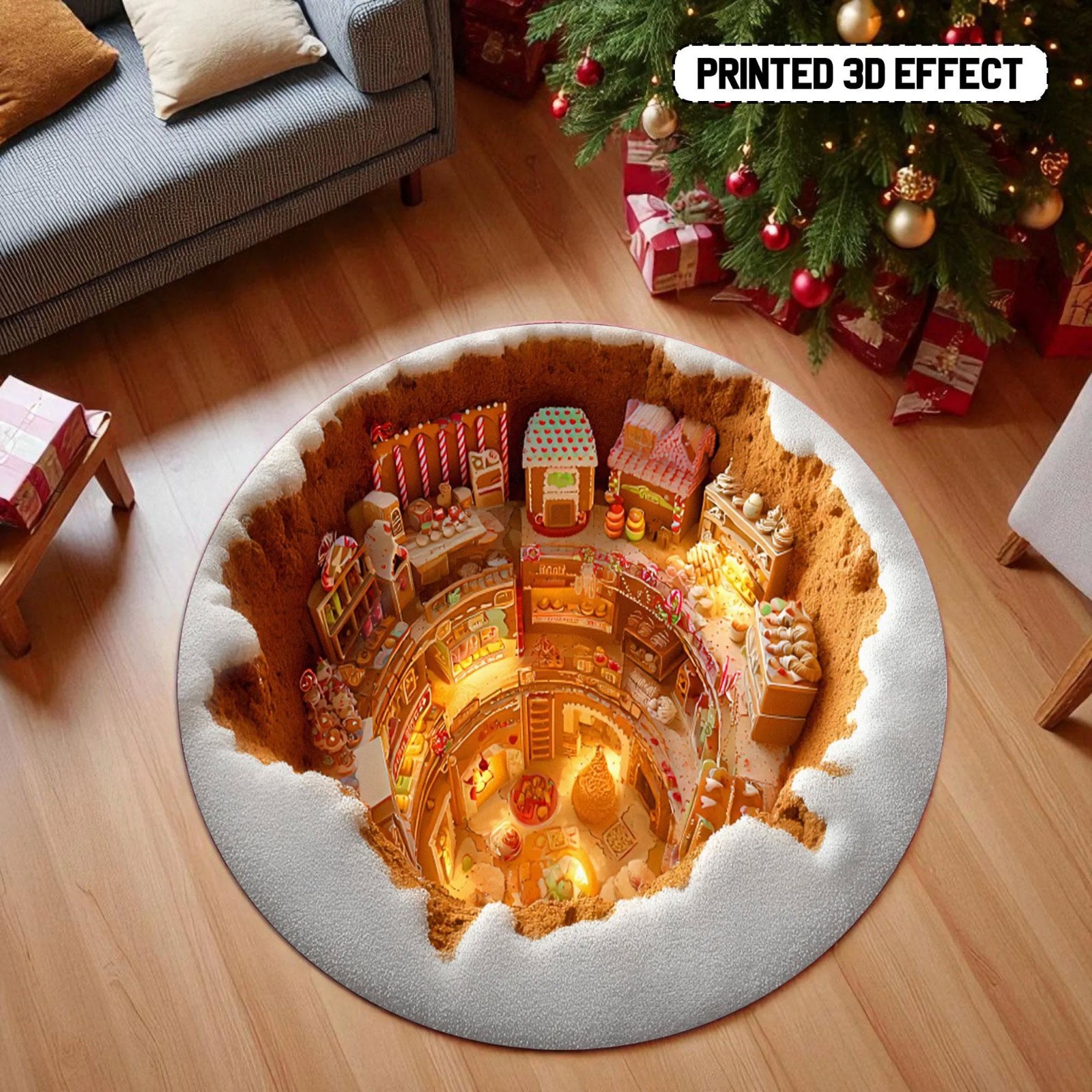 3D Gingerbread Village Round Rug Christmas Floor Mat Carpet Holiday Home Decor