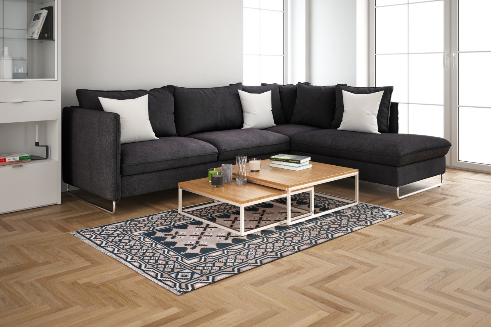 Handwoven Cotton Rug 4′ x 6′ Black Beige Tribal Geometric Flatweave Dhurrie
