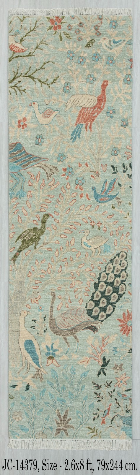2.6×8 Ft Beautiful Green Birds Garden View Fine Quality Wool Runner Rug