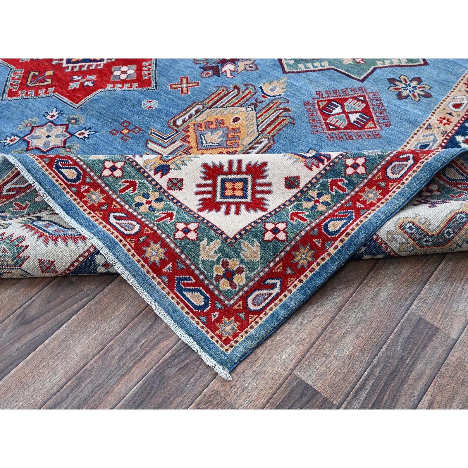 9’9″x14′ Blue Kazak with Star Medallions Design Hand Knotted Soft Wool Rug R528