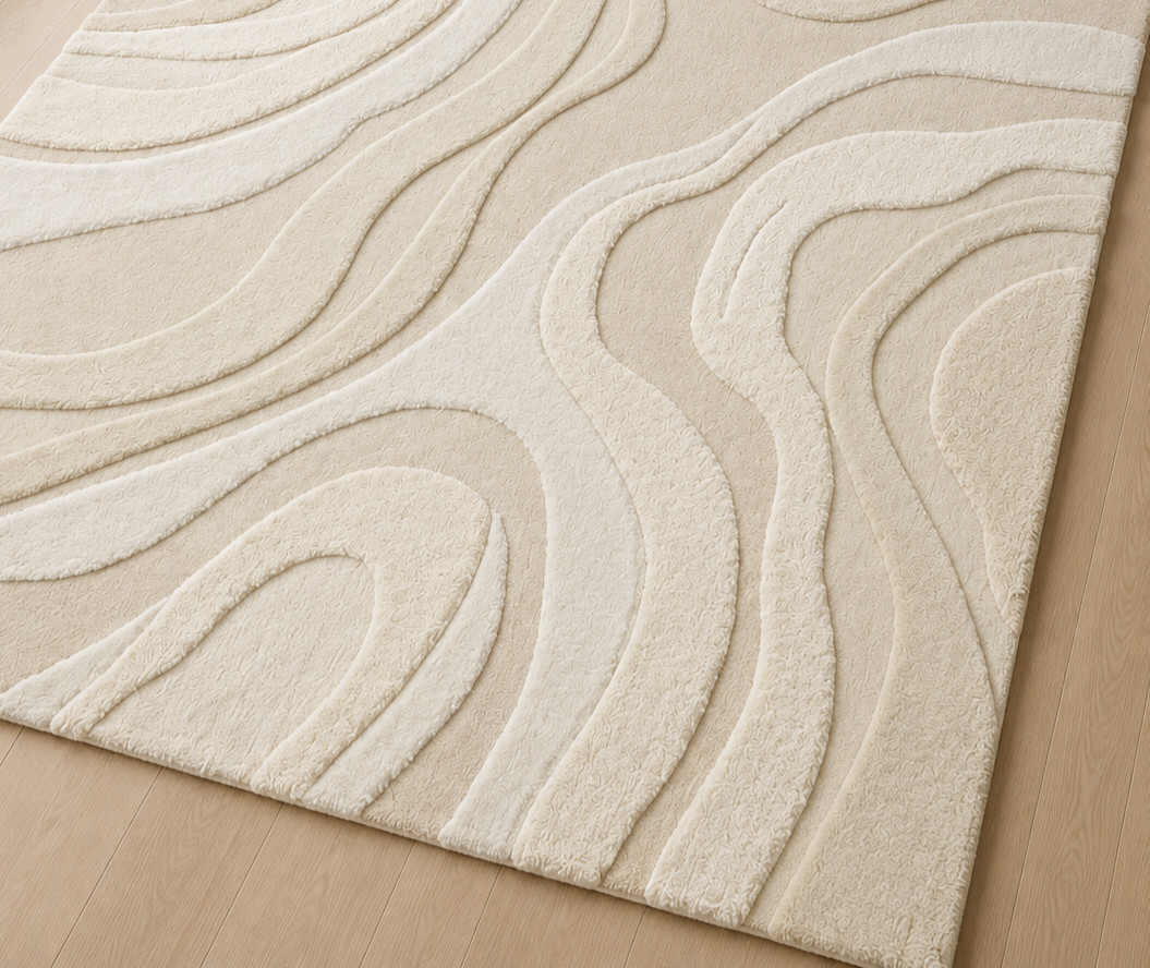 Hand Tufted Wool Rug Cream Beige Contemporary 3D Carved Carpet