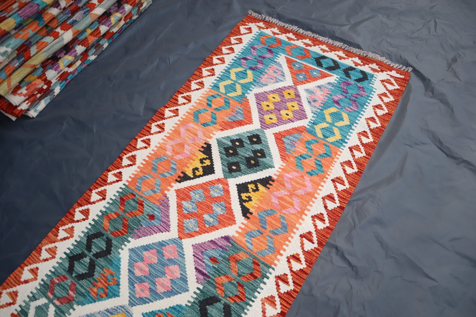 Afghan Handwoven Runner Rug 2’8×9’5 ft, Rich Purple Turquoise Kilim Hallway Rug