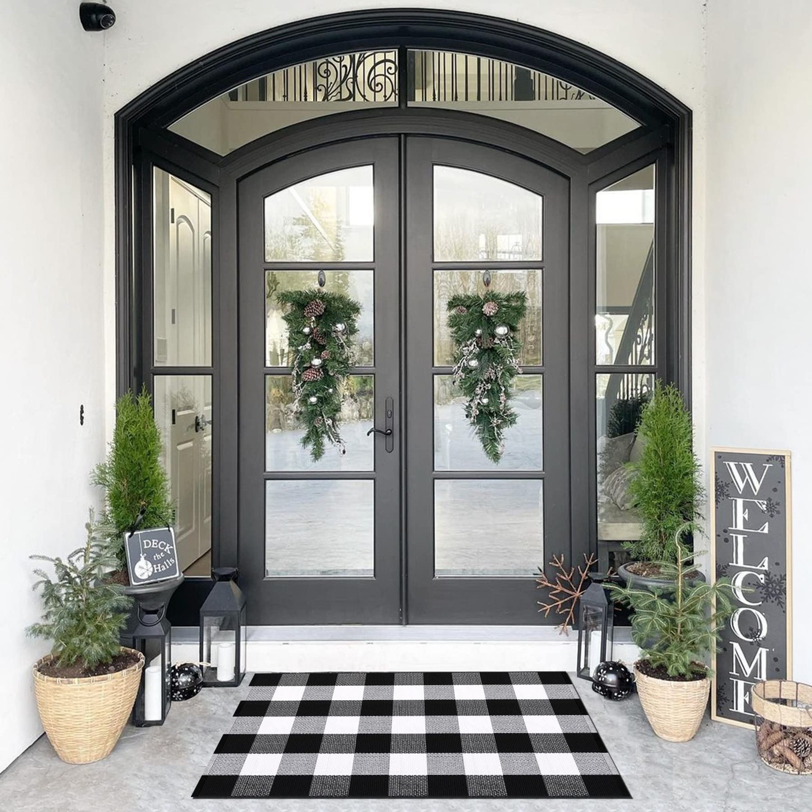 Buffalo Plaid Outdoor Rug 27.5×43 Black and White Front Door Mat, Layering Ru…