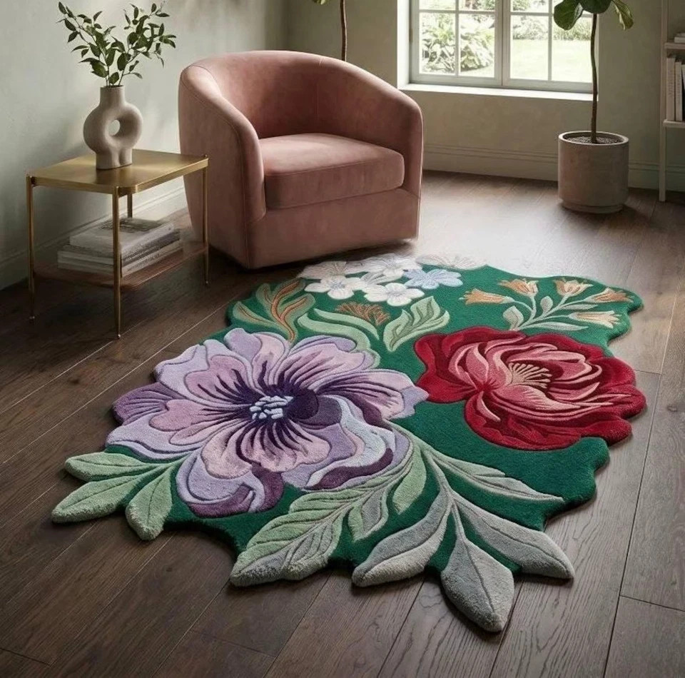Hand-Tufted Wool Floral Sculptural 3D Peony, Rose, Anemone Botanical Design Rug.